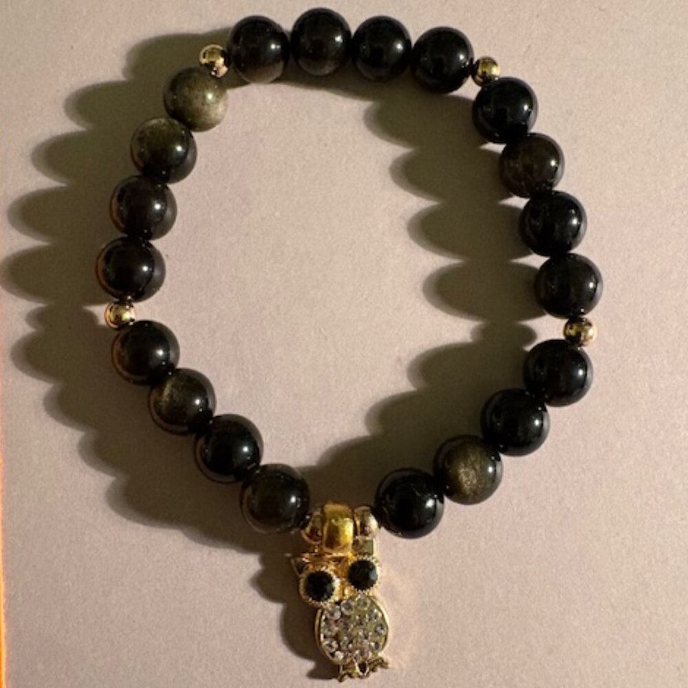 Owl Wisdom Bracelet – Black Gemstone Beaded Bracelet with Gold Owl Charm